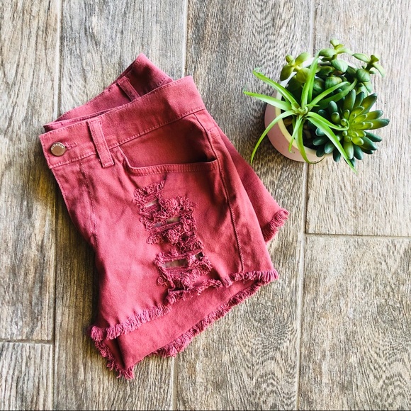 Burgundy denim cutoff shorts - Picture 3 of 5